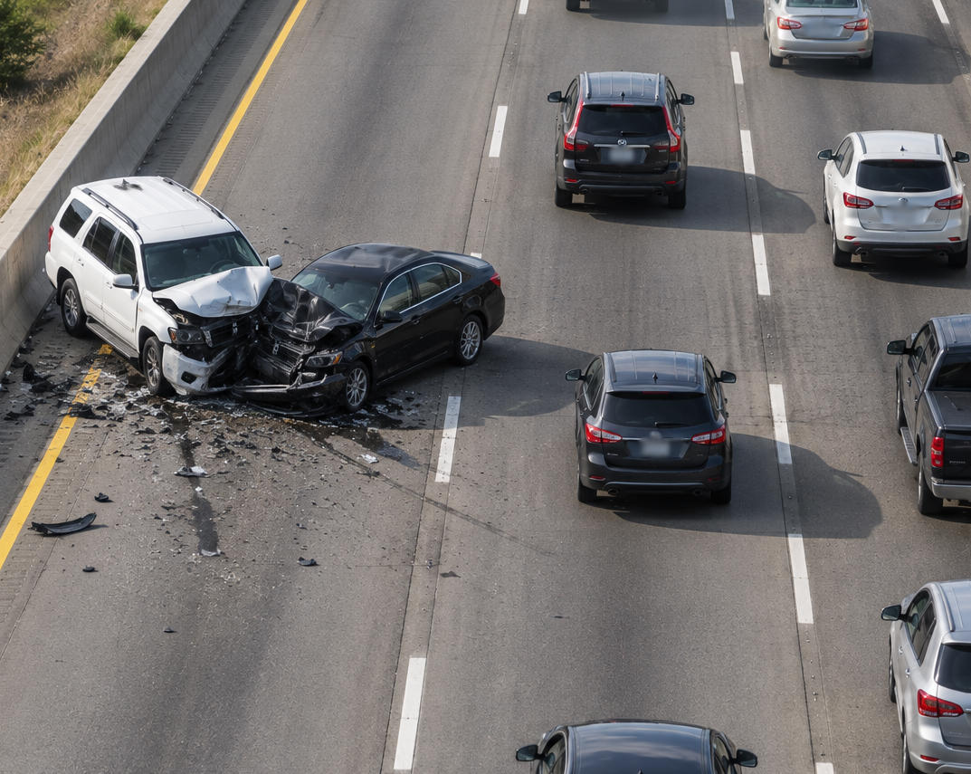 Wrong way car accident on a busy highway.